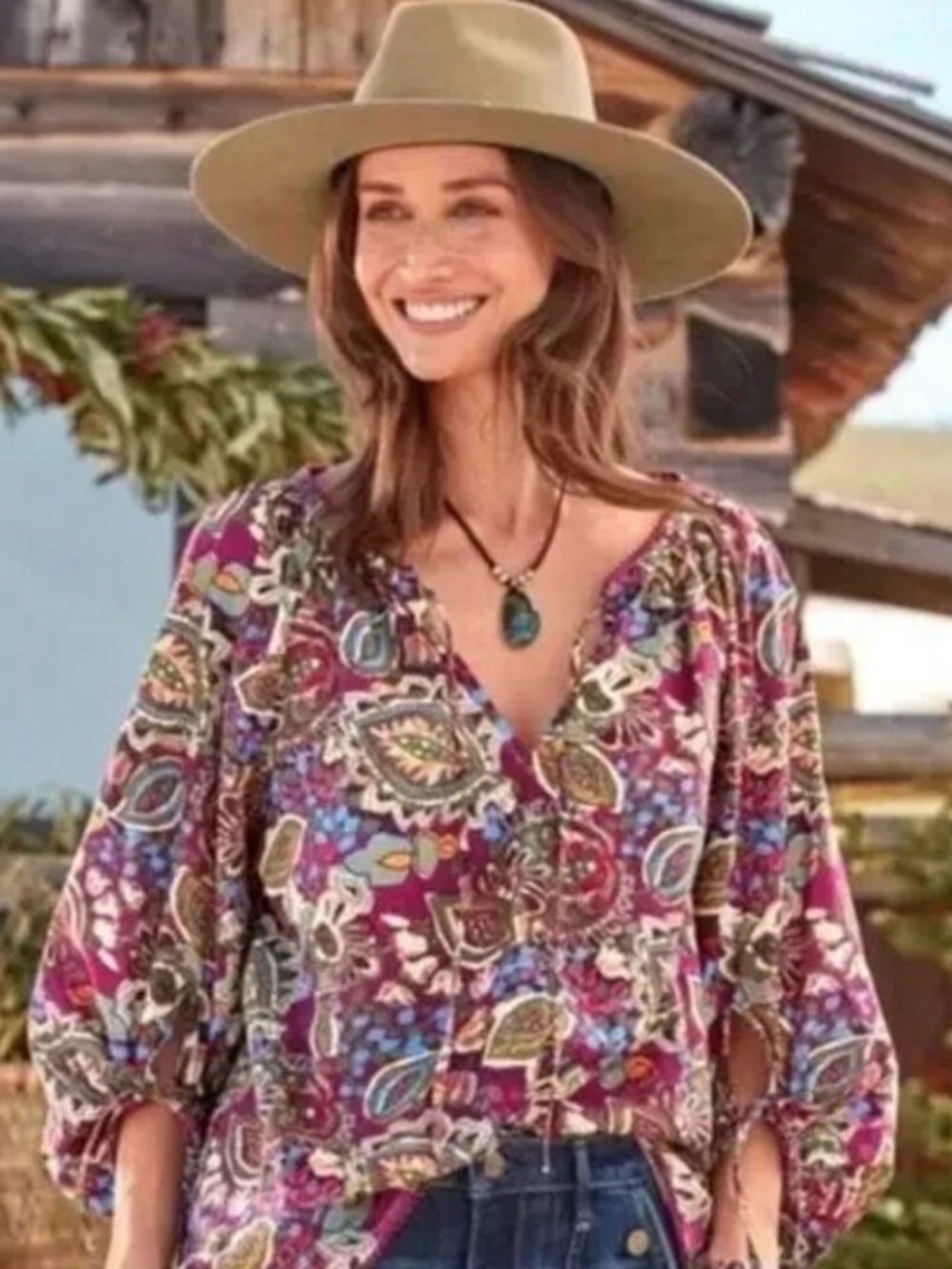 Sundance Paisley Print Peasant Tunic - Purple & Green